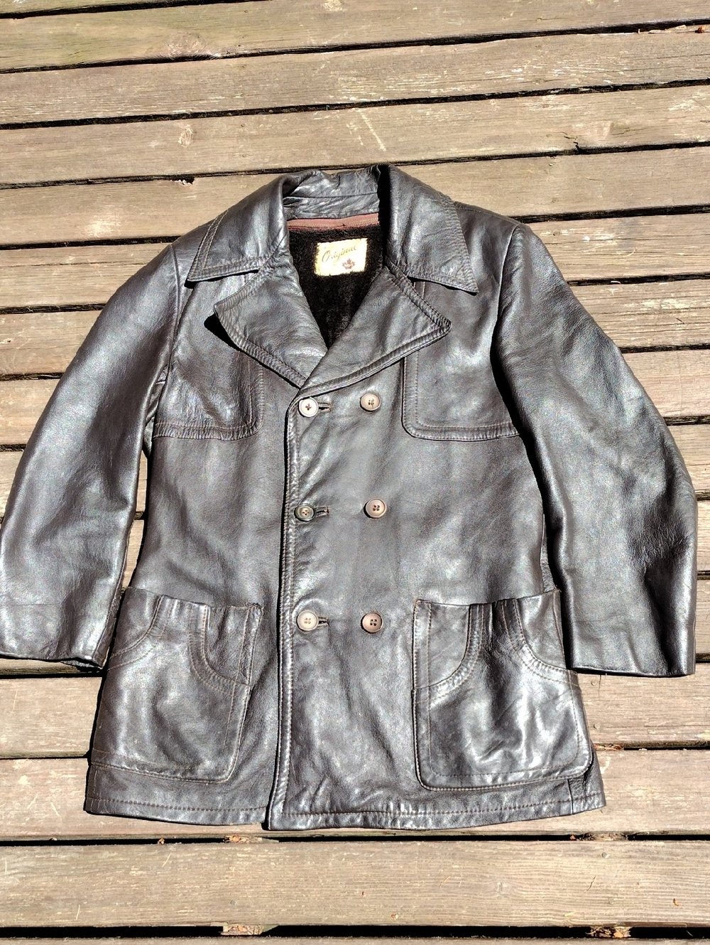 Another Original Creation,Men's Size M Brown Leather Double-Breasted Coat